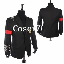 Movie/TV Michael Jackson Retro Punk Style Black Jacket Suit Badge And Black Hat Cosplay Costume