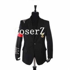 Movie/TV Michael Jackson Retro Punk Style Black Jacket Suit Badge And Black Hat Cosplay Costume