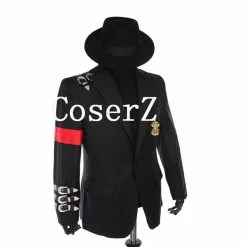 Movie/TV Michael Jackson Retro Punk Style Black Jacket Suit Badge And Black Hat Cosplay Costume
