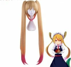 Wigs Kobayashi-san Chi No Maid Dragon Tohru Wig Cosplay Peluca Yellow Gradient Pink Hair Double Ponytail 100cm