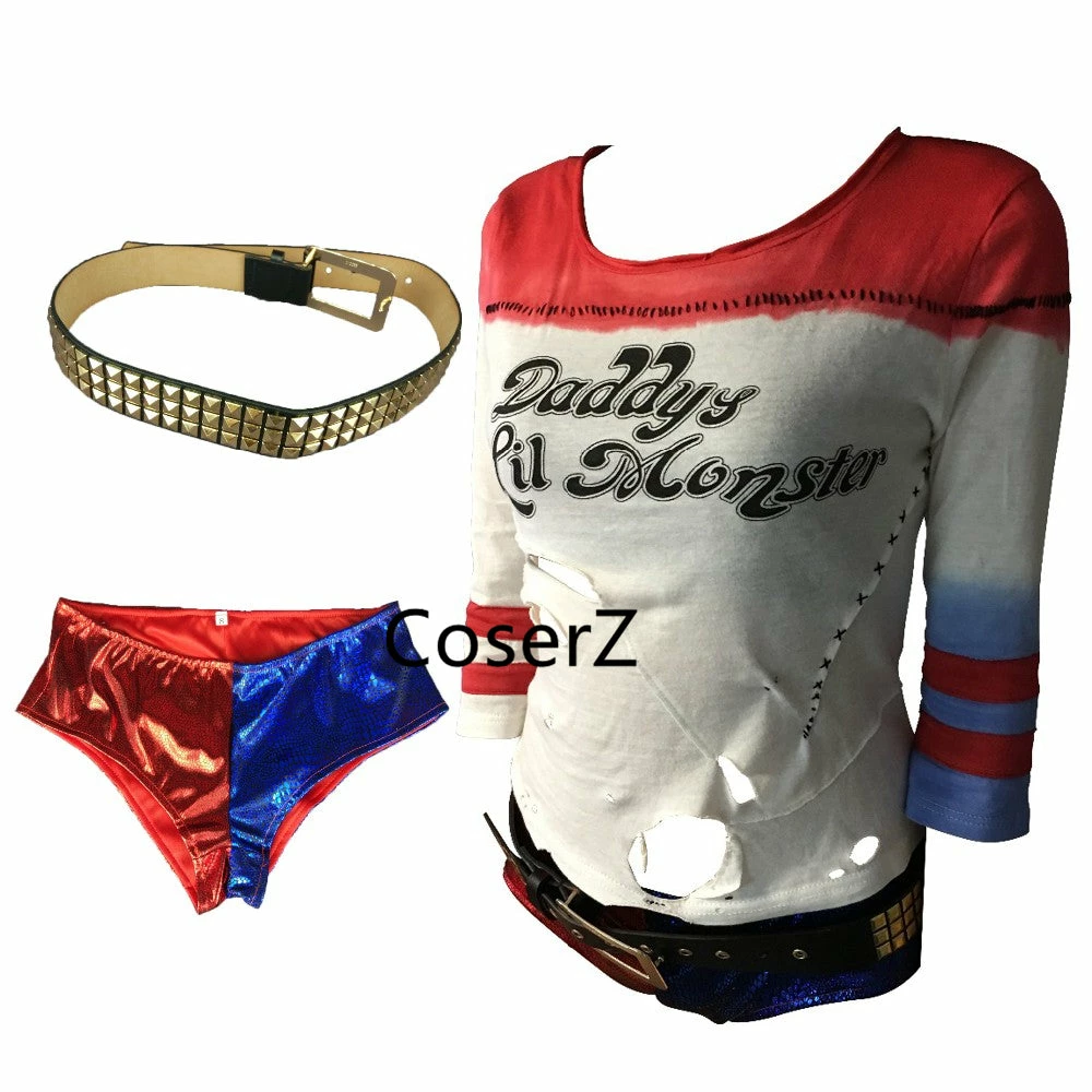 Coserz Promotion Suicide Squad Harley Quinn Costume T Shirt Daddy's Lil Monster T Shirt Pants Belts 5 Coserz Promotion Suicide Squad Harley Quinn Costume T Shirt Daddy's Lil Monster T Shirt Pants Belts