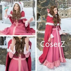 Princess Winter Belle Red Dress, Belle Pink Dress, Belle Cosplay Costume With Cape