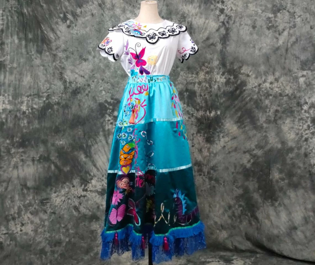 Coserz Encanto Mirabel Costume - Embroidered Adult Mirabel Dress With Bag Embroidery Version 16 Coserz Encanto Mirabel Costume - Embroidered Adult Mirabel Dress With Bag Embroidery Version