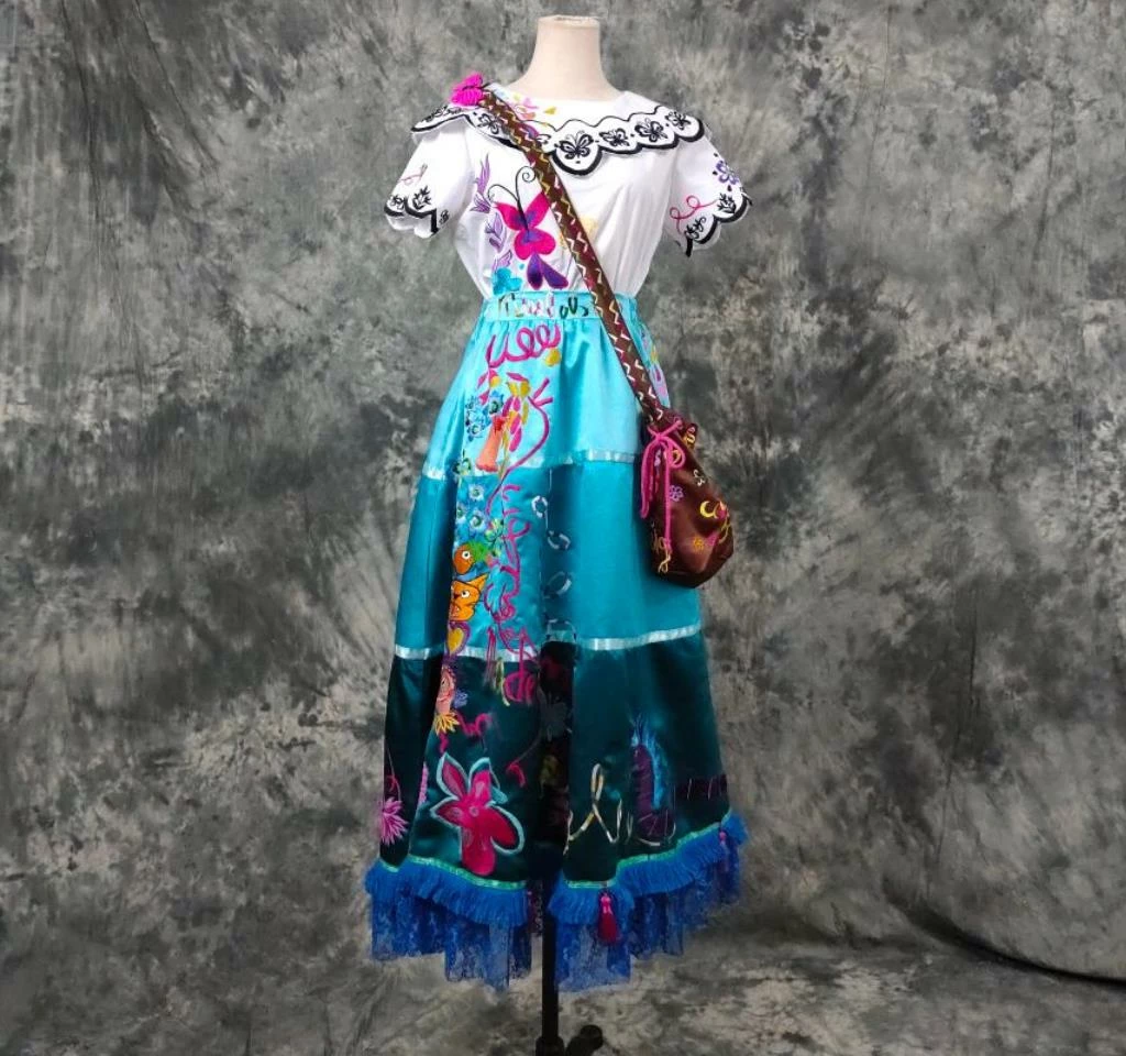 Coserz Encanto Mirabel Costume - Embroidered Adult Mirabel Dress With Bag Embroidery Version 3 Coserz Encanto Mirabel Costume - Embroidered Adult Mirabel Dress With Bag Embroidery Version